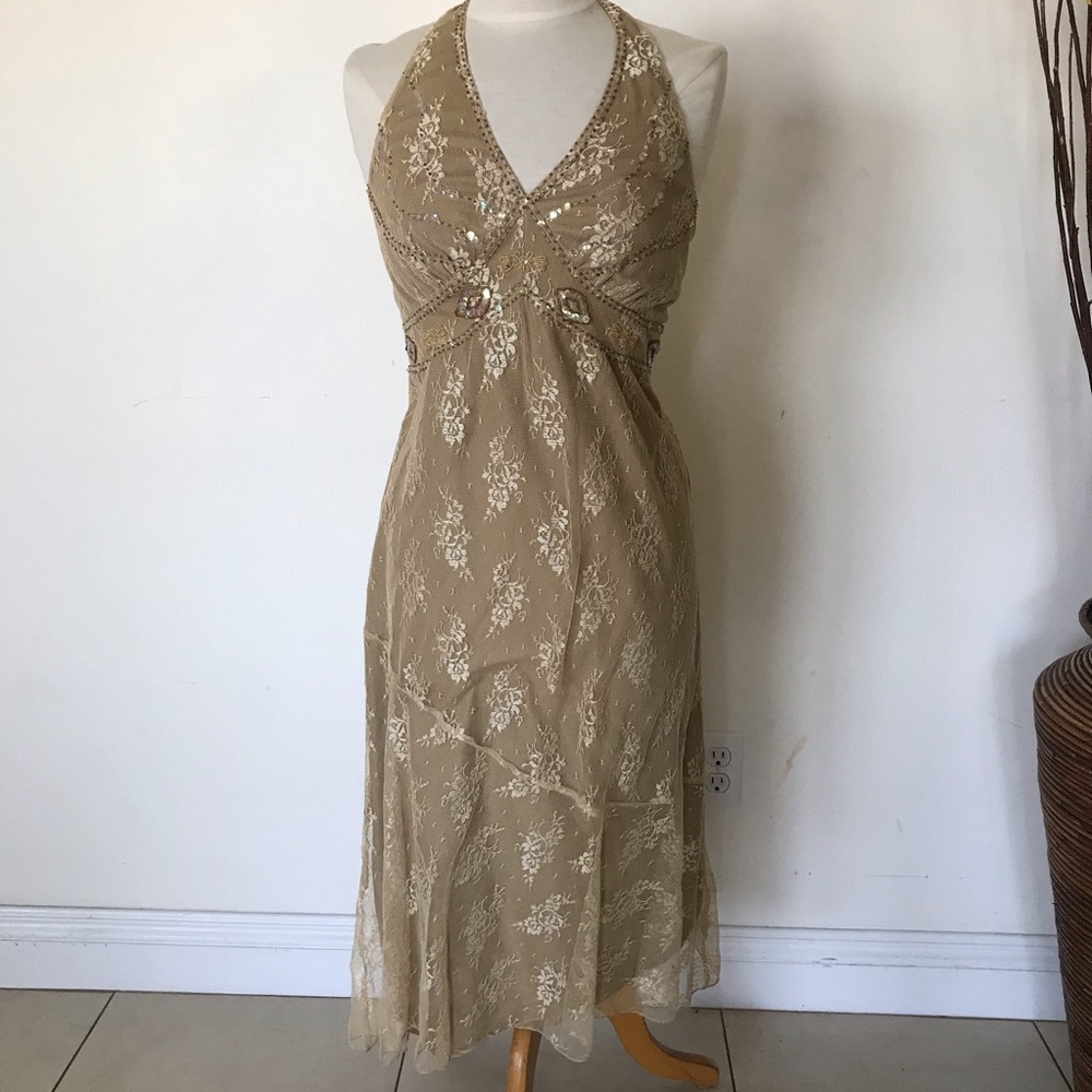 sequined beige halter neck evening gown